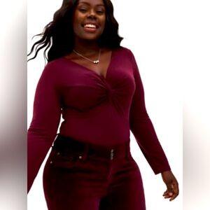 Torrid Wine/Burgundy Long-Sleeved Knot front Bodysuit Torrid Size 0/Size 12